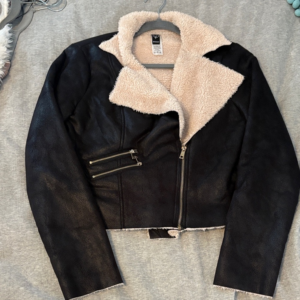 Windsor Black Faux Leather Jacket with Cream Fleece